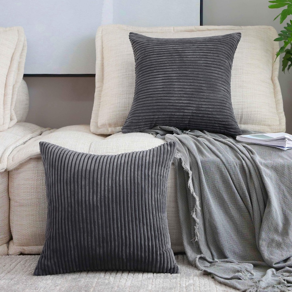 Dark Gray Super Soft Striped Corduroy Pillow Covers EXTRA-LARGE 26x26” (2-pack)